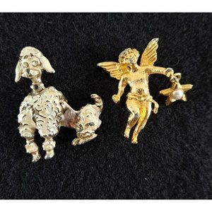 Vintage Brooch Lot Eisenburg Ice Cherub Angel & Silver Tone Poodle Crafter